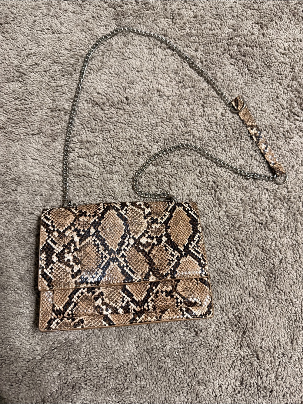 FashionNova Snake-Print Crossbody Bag with Chain Strap - Beige Brown